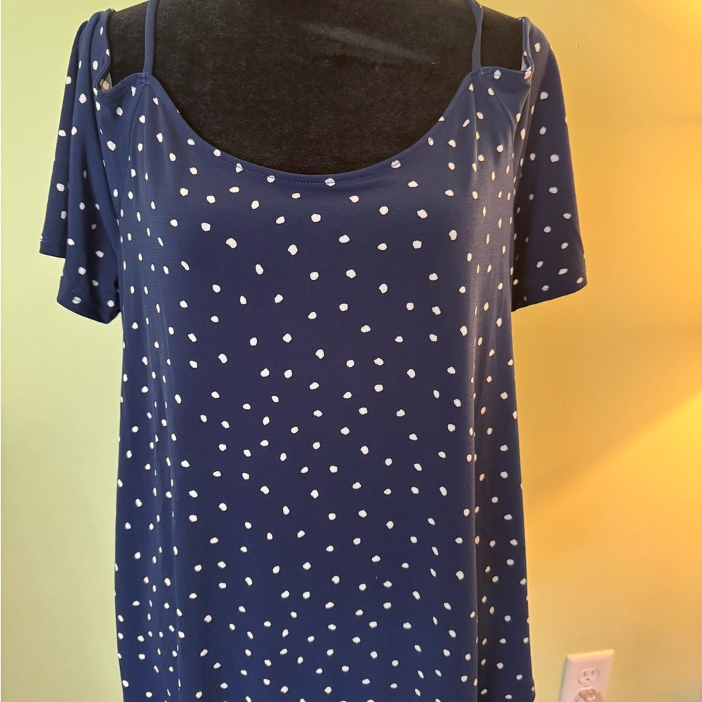 Kaileigh Navy and White Polka Dots Cold Shoulder Top